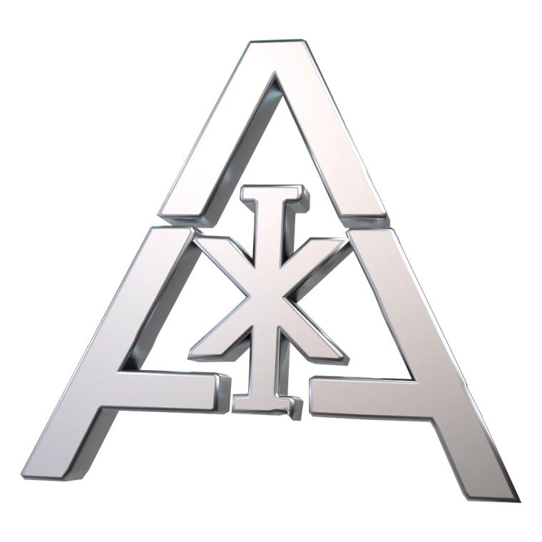 The Misaki Axis monogram, an A and I interlocked, in brushed steel.